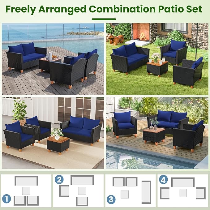 ORALNER 4 Pieces Patio Furniture Set, Outdoor Wicker Conversation Chairs, Loveseat w/Cushion, Acacia Lift-Top Coffee Table, Rattan Set for Balcony Garden Backyard Front Porch Poolside Deck (Navy)