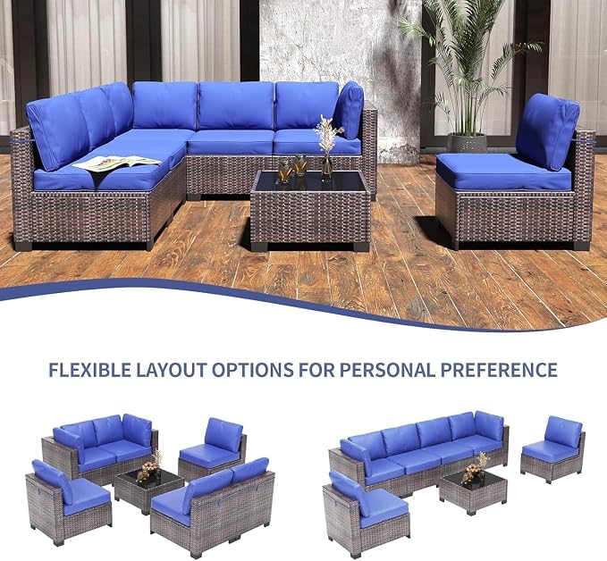 7 Piece Patio Furniture Set, Outdoor Modular Wicker Sectional Couch with Tempered Glass Coffee Table, All-Weather Rattan Conversation Set with Washable Cushions for Backyard, Garden, Deck
