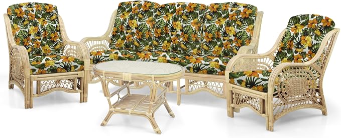 Malibu Lounge Set of 4: 2 Natural Rattan Wicker Chairs, Three-Seater Sofa with Cushions and Coffee Table with Glass Handmade, Natural Color