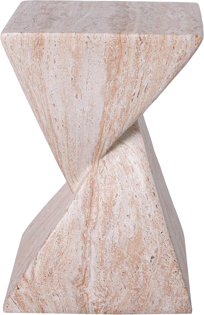 Merax 18.5" H Modern Outdoor Concrete Side Table, Patio End Table with Sculptural Fluted Design, Weather-Resistant Geometric Minimalism Accent Table for Garden, Balcony & Poolside, Beige Marble