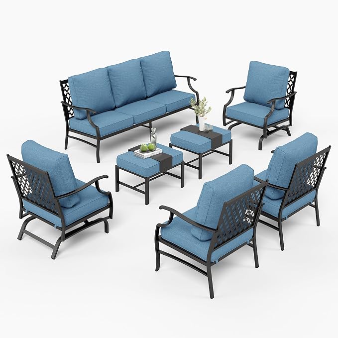 MIXPATIO Patio Furniture Set 7 pcs, Outdoor Patio Furniture, 3-Seat Sofa, 2 Single Chairs, 2 Rocking Chairs, 2 Ottomans and 5.75" Extra Thick Cushion, Conversation Set for Deck,Navy Blue
