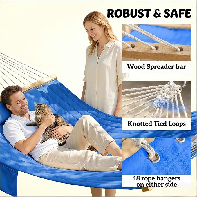 11FT Hammock Without Stand for Outside, Large Patio Hammock with Removable Headrest & Side Pocket, Two Person Hammock with Spreader Bars for Garden, Balconies, 440LBS Capacity (Navy Blue)
