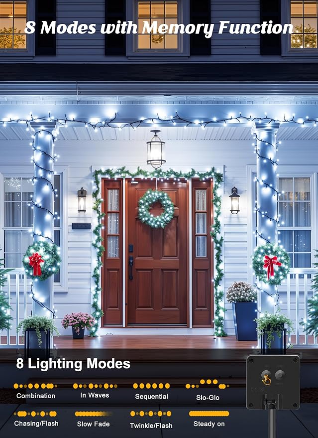 Brightown 2 Pack Solar String Lights Outdoor Waterproof, 80 FT 200 LED | Solar Powered Christmas Lights with 8 Modes, Auto On/Off, Patio Lights for Outside Tree Garden Party Decor (Cool White)