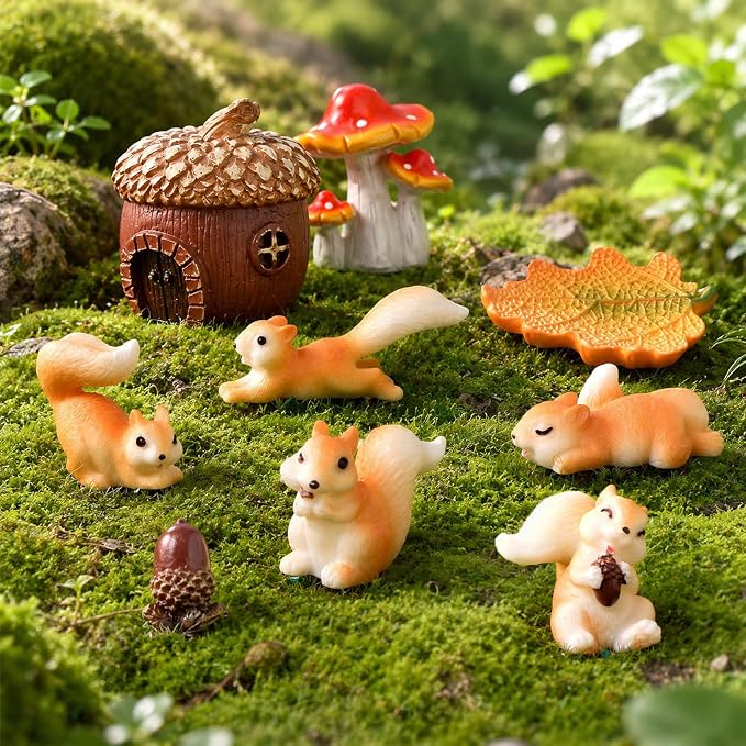 Fairy Garden Accessories, 9 Pieces Squirrel Resin Figures with Pinecone House Mushroom Leaf, Handmade Miniature Decor, Garden Miniatures Decors for Outdoor Home, Perfect DIY Gift