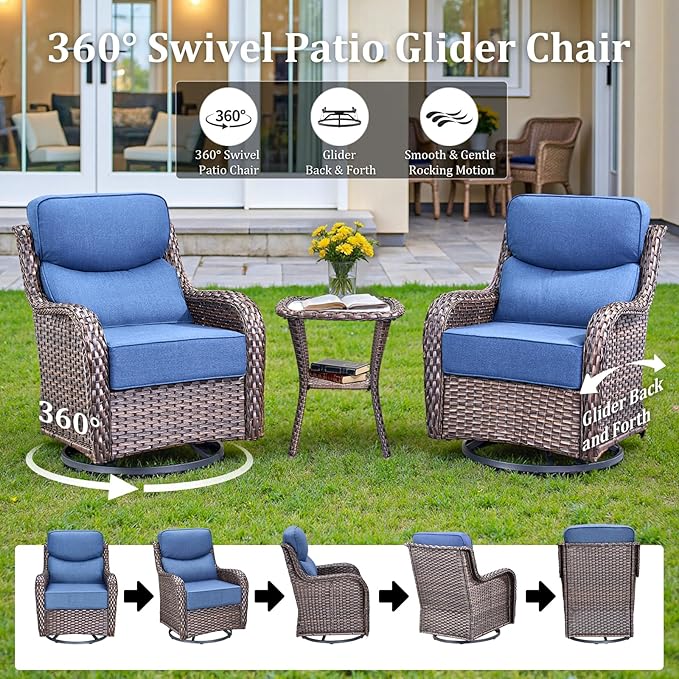 Luxury High Back Patio Furniture Set with Fire Pit Table & 6-Inch Thick Cushions, 5-Pieces Outdoor Furniture with 4 Swivel Chairs, Wicker Conversation Set for Porch, Balcony, Deck and Yard, Brown/Blue