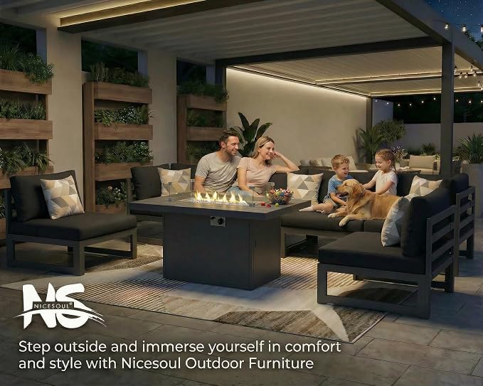 NICESOUL 12 Seat Large Aluminum Patio Conversation Set with Firepit & Side Table, 29" Deep Wide Seating, Modular Sectional Couch, 500 lbs Heavy Duty All Weather Outdoor Sofa for Backyard Deck, Black