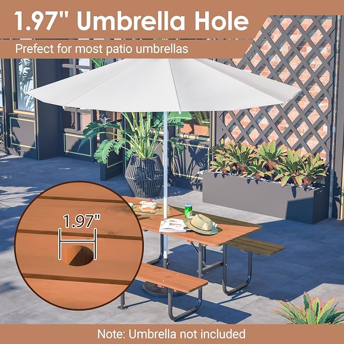 72" Rectangular Outdoor Picnic Table - 6 Person Brown Wooden Dining Set with Built-in Benches, Ideal for Garden BBQ & Courtyards