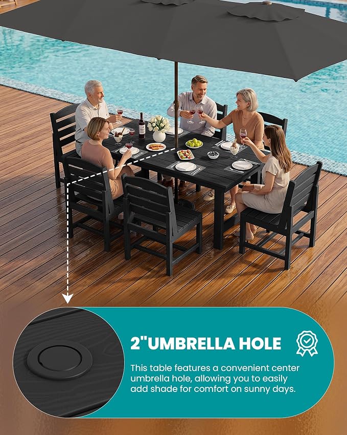 SERWALL 7-Pc HDPE Patio Dining Set, 1 Table & 6 Armless Chairs, Black | HDPE Outdoor Dining Set with Rectangular Table & 6 Armless Chairs, All-Weather Resistant SERWALL Dining Set for 6