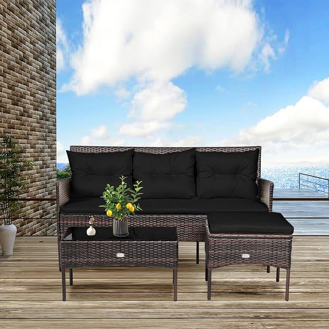 RELAX4LIFE 3 Pieces Patio Furniture Set, Rattan Wicker Sectional Conversation Sofa Set w/5 Seat & Back Cushions, Tempered Glass Coffee Table for Porch Balcony Backyard, Outdoor Furniture (Black)