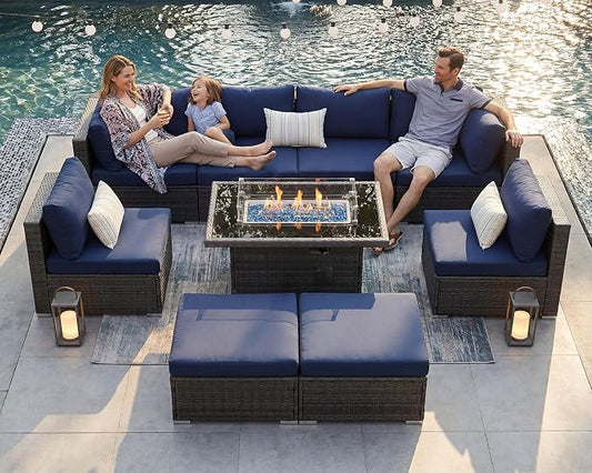 BULEXYARD 9 Pcs Highback Patio Furniture Set with Firepit, High-End Outdoor Sectional Couch with Ottoman 8-Seats, Cozy Comfy Wide Deep Deck Seating Group Conversation, Grey Rattan & Navy Blue Cushion