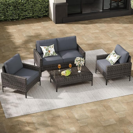 Jing's Villa 4-Piece Outdoor Sectional Sofa Set, All-Weather Wicker Patio Furniture with L/R Armrest & Tempered Glass Table, Comfortable Garden Conversation Set for Backyard, Poolside, Deck,Grey