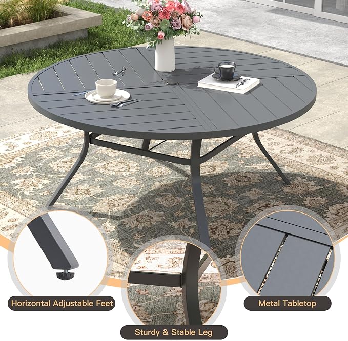 9 Pieces Outdoor Dining Set, 53.1" Spliced Patio Table with Umbrella Hole & Stackable Outdoor Dining Chairs, Patio Furniture Set for Deck Garden Porch, Grey Chairs & Dark Grey Table