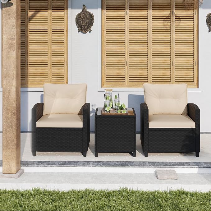 ORALNER 3 Pieces Patio Furniture Set, Wicker Conversation Set Outdoor Chairs with Cushions, Glass Coffee Table, Rattan Bistro Set for Front Porch Balcony Garden Deck Poolside (Khaki)