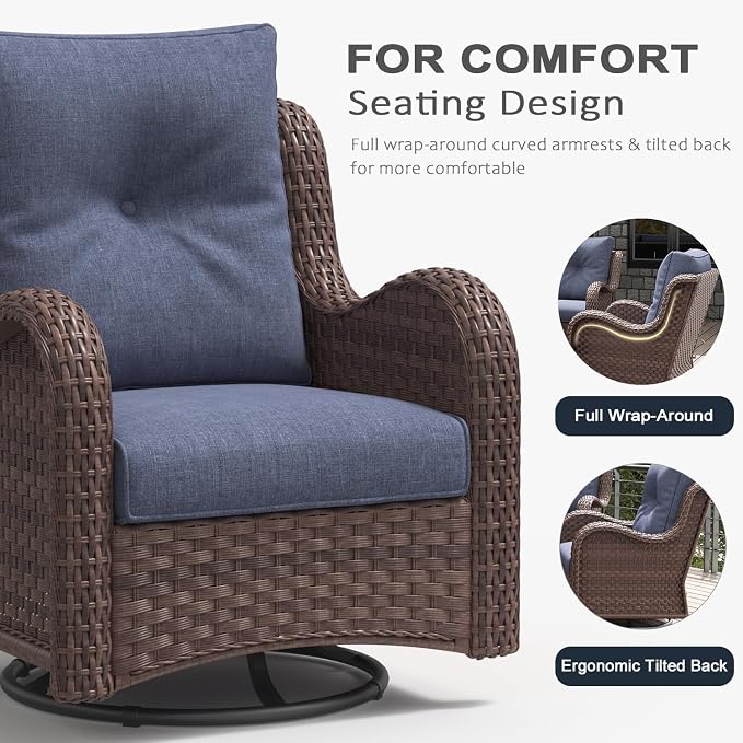 LayinSun 7 Pieces Outdoor Patio Furniture Set with Fire Pit Table, Rattan Wicker Sectional Swivel Rocker Chairs Sets with Ottomans, Swivel Glider Chairs and Coffee Table