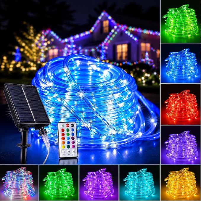 Vigdur 33FT Solar Rope Lights Outdoor with Remote, 100 LEDs, 18 Colors | IP65 Waterproof, 8 Modes, Remote Control, 3 Timer Option, Solar Lights Outdoor for Pool Fence Tree Garden And Christmas Decor