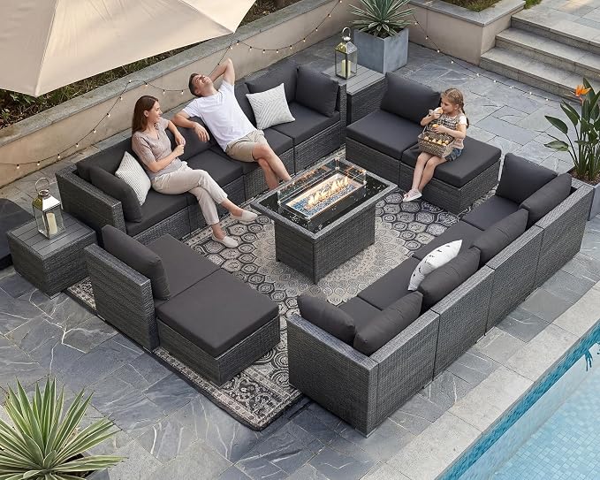 NICESOUL 15 Piece Patio Set with Fire Pit Table, Luxury Large Size Outdoor Furniture with Firepit, 29.3" Highback Deep Seating 500 lbs Heavy Duty for Backyard, Deck, Dark Grey