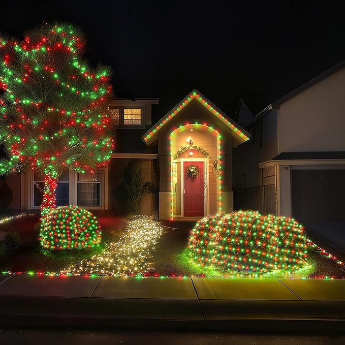 BlcTec Outdoor Christmas Lights 200 LED 8.4ft x 5.2ft Christmas Net Lights with 8 Modes, UL Certified, Timer, Connectable, Waterproof for Trees, Bushes, Yard Outdoor Holiday Decorations, Red Green