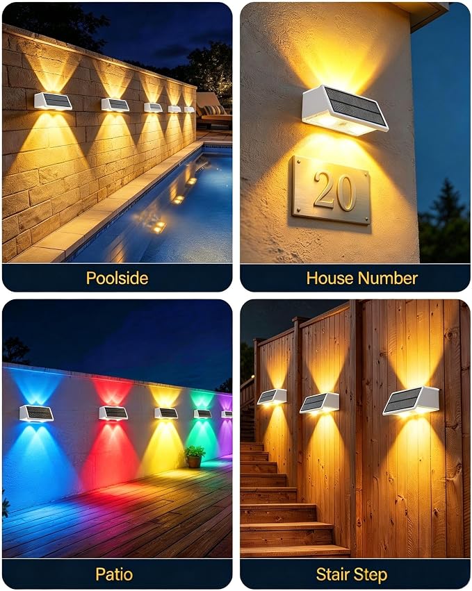 Solar Fence Lights Outdoor, 2 Pack Fence Solar Lights Waterproof | IP65 Fence Lights Solar Powered Up & Down LED Focus, 9 Color Modes, 12H Dusk to Dawn Glow for Patio/Backyard - Pure White