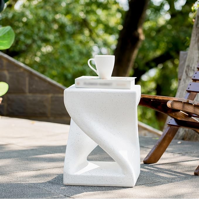 Outdoor Marble Side Table Twisted-Base Terrazzo-Speckled All Weather MGO White Modern Accent Table – Indoor End Table for Home, Office & Patio Garden Decor