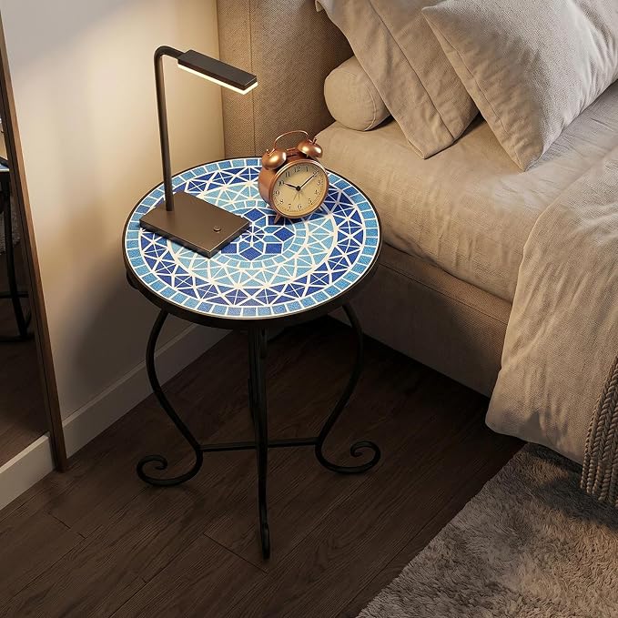 Giantex Outdoor Side Table, Mosaic Patio Table, 12inch Accent Table Plant Stand Indoor, Ceramic Tile Top Metal Frame, Small End Table Porch Beach Patio Garden Balcony Poolside