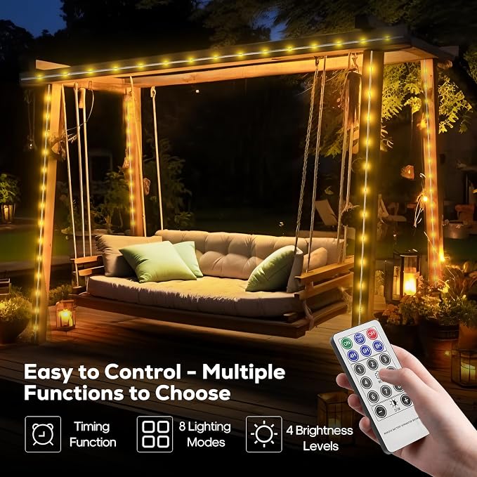 ICRGB Solar Rope Lights Outdoor, 39FT 100 LED (Warm White, 39FT) | With Remote, Waterproof, 8 Modes, for Outdoor Patio Porch Tree Wedding Christmas Pool Garden Decorative