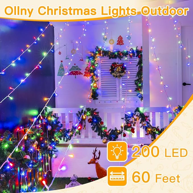 Ollny Christmas Lights 200LED 60FT Indoor, Multicolor Connectable Plug in String Light Outdoor, 8 Modes Waterproof Timer LED Fairy Lights for House Outside Bedroom Patio Balcony