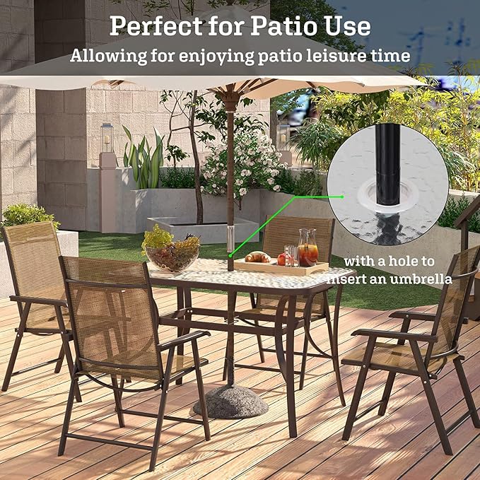 SogesPower Outdoor Tempered Glass Table Patio Dining Table with Umbrella Hole Steel Frame 47 inch Brown