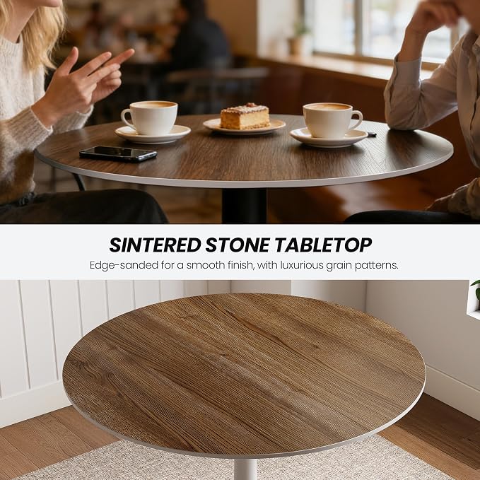 Table Top 35.4″ Round Walnut Sintered Stone - Heat Scratch Stain Resistant for Dining Office Bar Patio, Weatherproof Easy Clean