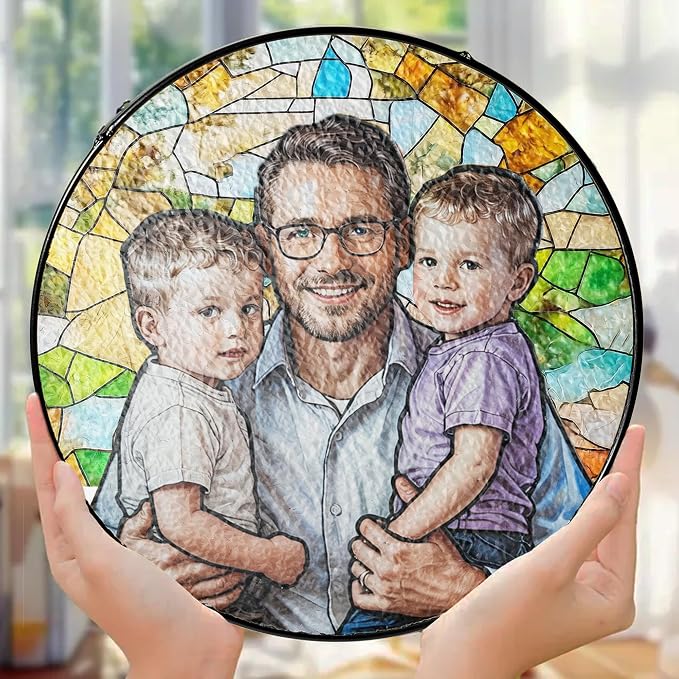 LOVELYPOD Personalized Dad Stained Glass Sun Catcher, Photo Family Portrait Faux Window Hanging Ornament, Custom Photo Gift for Dad from Son Daughter, Grandpa Gifts