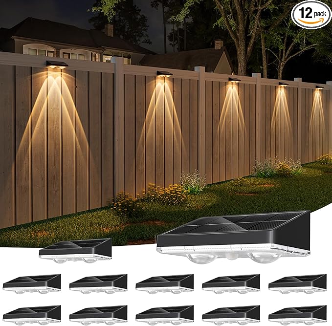 Solar Fence Lights,12 Pack Solars Deck Light,Warm White Color,Outdoor Bulb Waterproof Led IP65,Power Patio Lamp with Lenses for Outside/Backyard/Railing/Yard(Black)