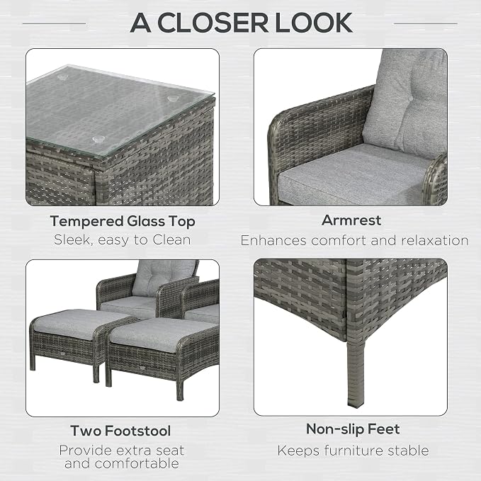 Outsunny 5 Pieces Rattan Wicker Lounge Chair Outdoor Patio Conversation Set with 2 Cushioned Chairs, 2 Ottomans and Tempered Glass Top Coffee Table, Gray/Light Gray