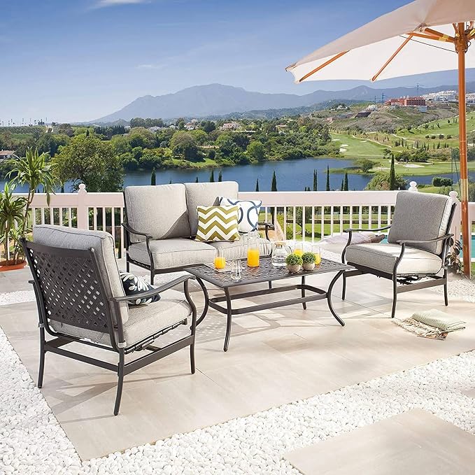Patio Conversation Set 4 Pieces Cushioned Outdoor Furniture Sets with All Weather Frame Grey Cushion for Porch Backyard Lawn