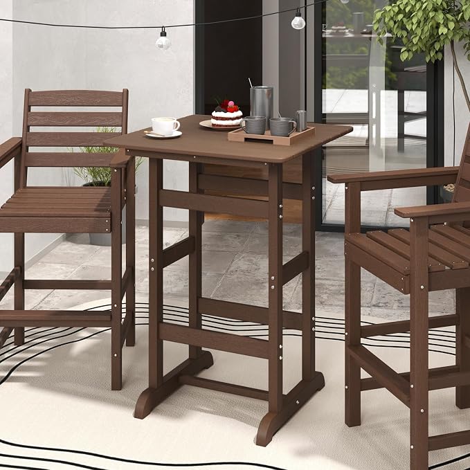 Giantex 42" Height Outdoor Tall Bar Table, HDPE Square Pub Tables with Wood Grains, High Top, Cocktail Bistro Table for Adirondack Chairs, Patio, Garden, Poolside, Yard, Balcony, Brown