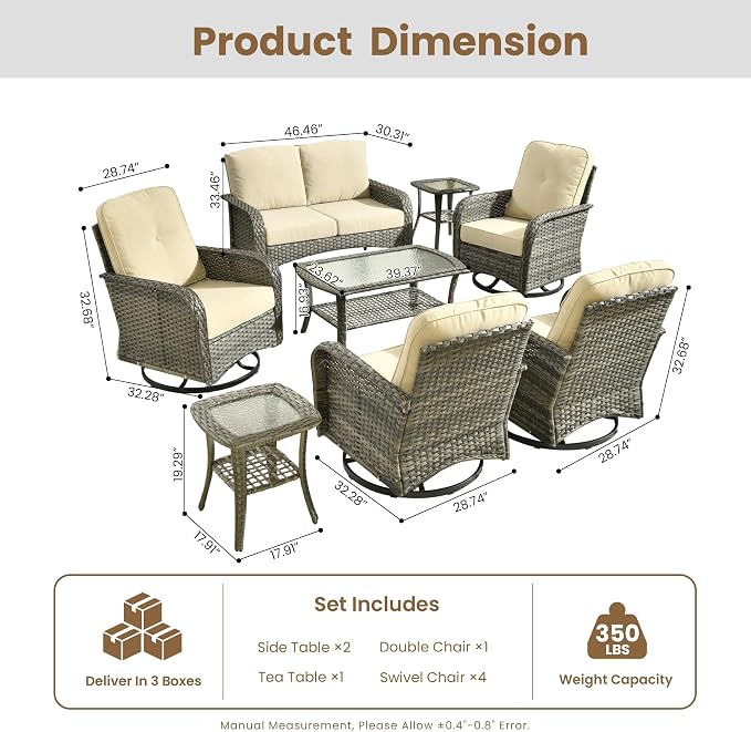 8 Pieces Outdoor Patio Furniture Set with Coffee Table, All Weather Wicker Patio Conversation Sets with Rocking Chairs, Balcony Furniture Sets for Backyard, Garden, Poolside, Beige