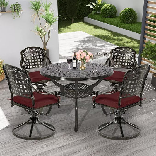MEETWARM 5-Piece Outdoor Patio Dining Set, All-Weather Cast Aluminum Patio Conversation Set with 4 Cushions Swivel Rocker Chairs for Backyard Garden Deck and 38.5" Round Table, Chili Red