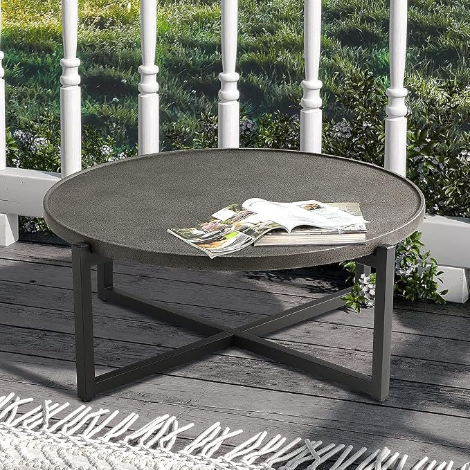 SUNBURY Outdoor Coffee Table Dark Grey, Round Top 12''H x 31.5''W Patio Coffee Table Concrete Finish, Cross Member Support w 4 Legs, Metal Frame