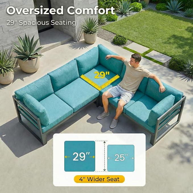 RADIATA 8 Person Modern Aluminum Outdoor Patio Furniture Set with Fireplace, 29 inch Wide Deep Seating, Fade Resistant L-Shaped Sectional Couch, Plus Size Conversation Set for Backyard Terrace, Teal