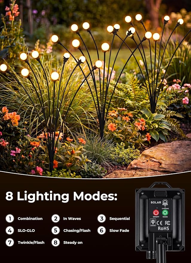 Brightown Solar Lights Outdoor,4Pack 32LED Solar Garden Lights Warm White | Swaying Firefly Waterproof, 8 Modes Solar String Light for Yard Patio Pathway Landscape Decoration Gifts