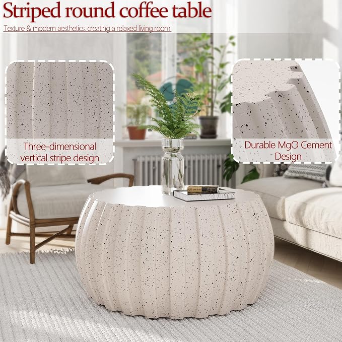 35.43" Indoor Round Coffee Table, Waterproof Coffee Table Modern MgO Cement Design End Tables for Living Room, Outdoor Patio Coffee Tables for Garden, Backyard, Balcony, White
