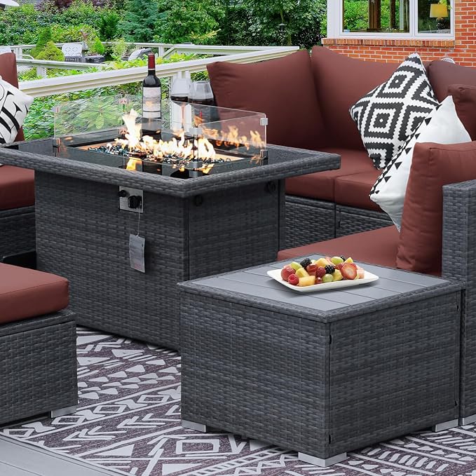 RADIATA 9 Piece Wicker Patio Furniture Set with Fire Pit, All-Weather Outdoor Sectional Couch High Back Large Size, Modular Backyard Seating Sofa Set with Propane/Natural Gas Firepit Table, Grey&Red