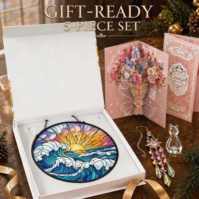 Statement Deluxe Bundle | Stained Glass Window Hanging, Ocean Sunrise 3D Embossed Diamond Glass Suncatcher, 7-Piece Coastal Gift Set with Crystal Pendant & Invisible Hooks