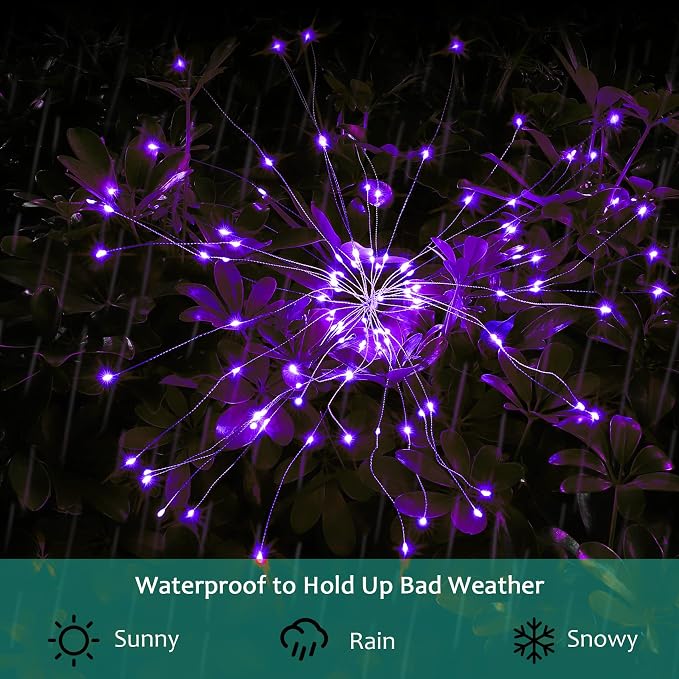 Solar Firework Lights, 2 Pack 120 LEDs 2 Lighting Modes Solar Garden Lights Outdoor Waterproof for Yard Patio Walkway Pathway Party Wedding Christmas Decorative - Purple