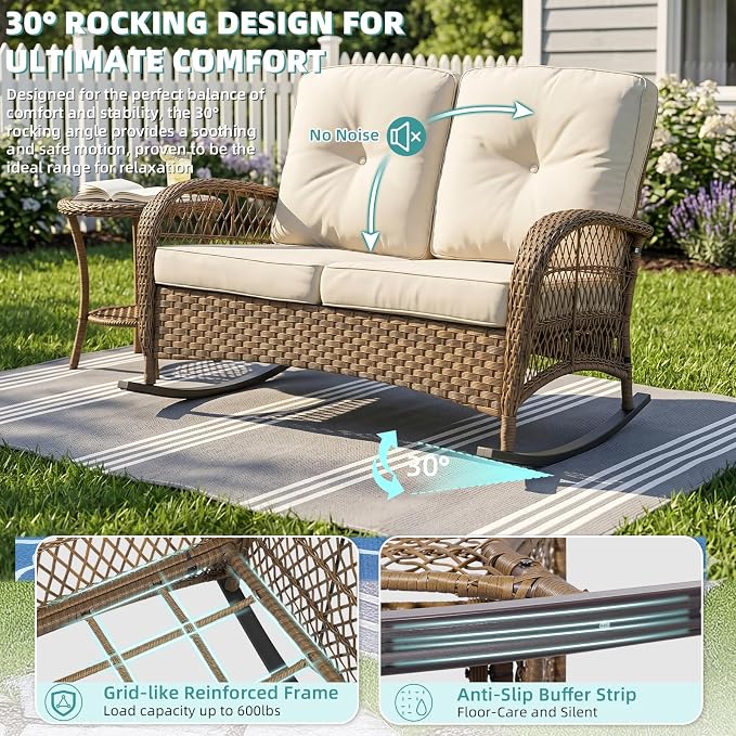 MEETWARM Double Rocking Chair, Oversized Outdoor Rocking Chair for 2 Person, Large Wide Wicker Patio Loveseat with Thick Cushion, All-Weather Rattan Comfy Loveseat Rocker for Patio Porch Deck, Brown