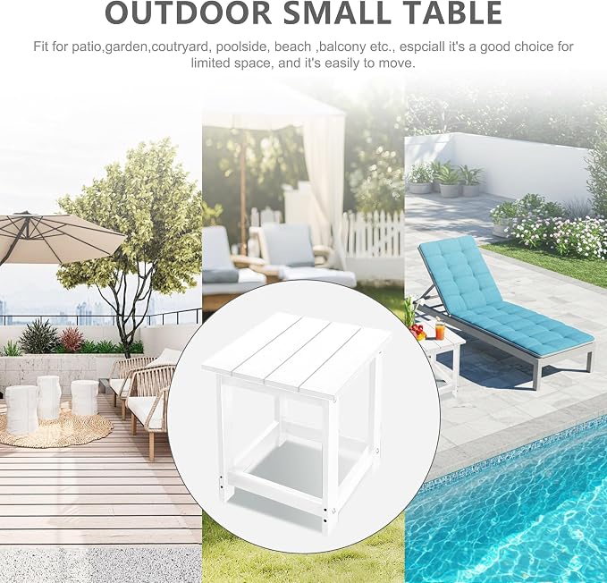 LZRS Patio End Table, Heavy Duty HDPE Outdoor Coffee Table with Wood Texture, Weatherproof Composite Table for Adirondack Chairs, Deck, Pool, Indoor/Outdoor, No Peeling or Cracking(White)