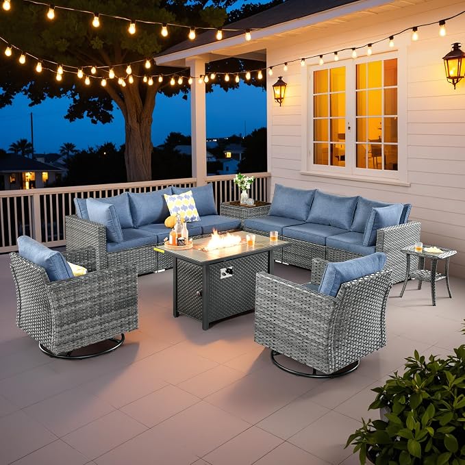 Weaxty 11 Piece Patio Furniture Set with Fire Pit Table, Outdoor Sectional Couch Swivel Rocker Patio Chairs with Coffee Table Wicker Conversation Sets for Balcony Backyard, Denim Blue