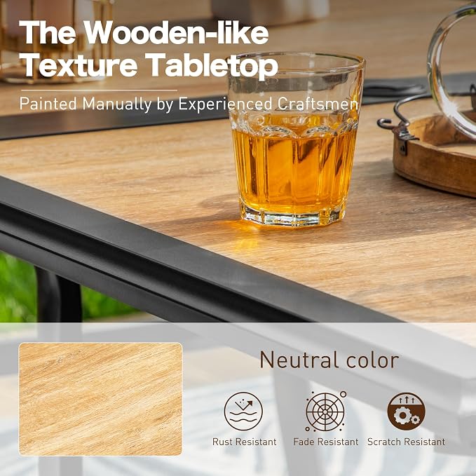 SUNSHINE VALLEY 60" Patio Dining Table for 6,Teak Color Rectangle Patio Table with Umbrella Hole,E-Coating and Powder Coating Steel Frame Metal Outdoor Patio Table for Garden Backyard Lawn Yard