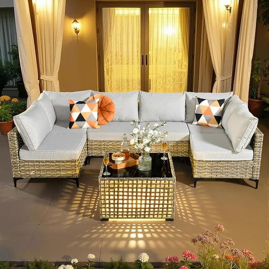 7 Pieces Patio Sectional Furniture Set, Outdoor Wicker Sectional Couch with Solar Lights Table, Modern Conversation Set for Porch Balcony Backyard, Gray