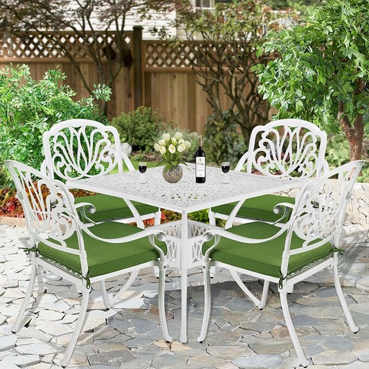 5-Piece Outdoor Patio Dining Set, All-Weather Cast Aluminum Patio Furniture Set for Backyard Garden Deck with 4 Chairs, 4 Cushions and 35.4” Square Table, 2.2" Umbrella Hole, White