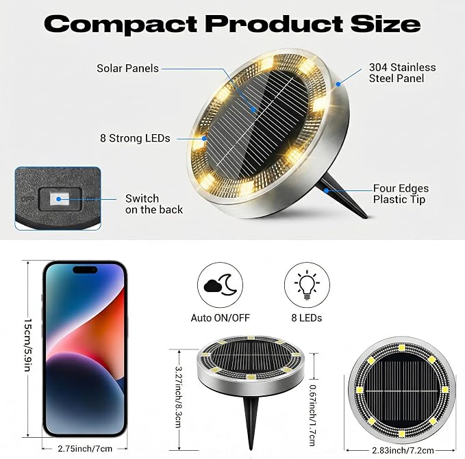 Solar Ground Lights Outdoor, 24 Pack Flat Solar Powered Disc Lights, IP68 Waterproof, Anti-Rust, Landscape Lighting for Pathway Garden Yard Lawn Walkway Landscape Driveway, Warm White