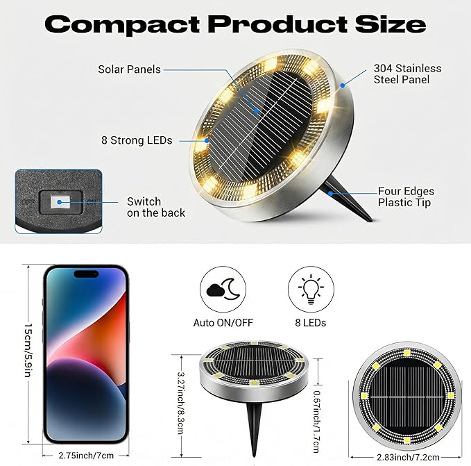 Peasur Solar Ground Lights Outdoor, 2 Pack Flat Solar Powered Disc Lights, IP68 Waterproof, Anti-Rust, Landscape Lighting for Pathway Garden Yard Lawn Walkway Landscape Driveway, Mini, Warm White